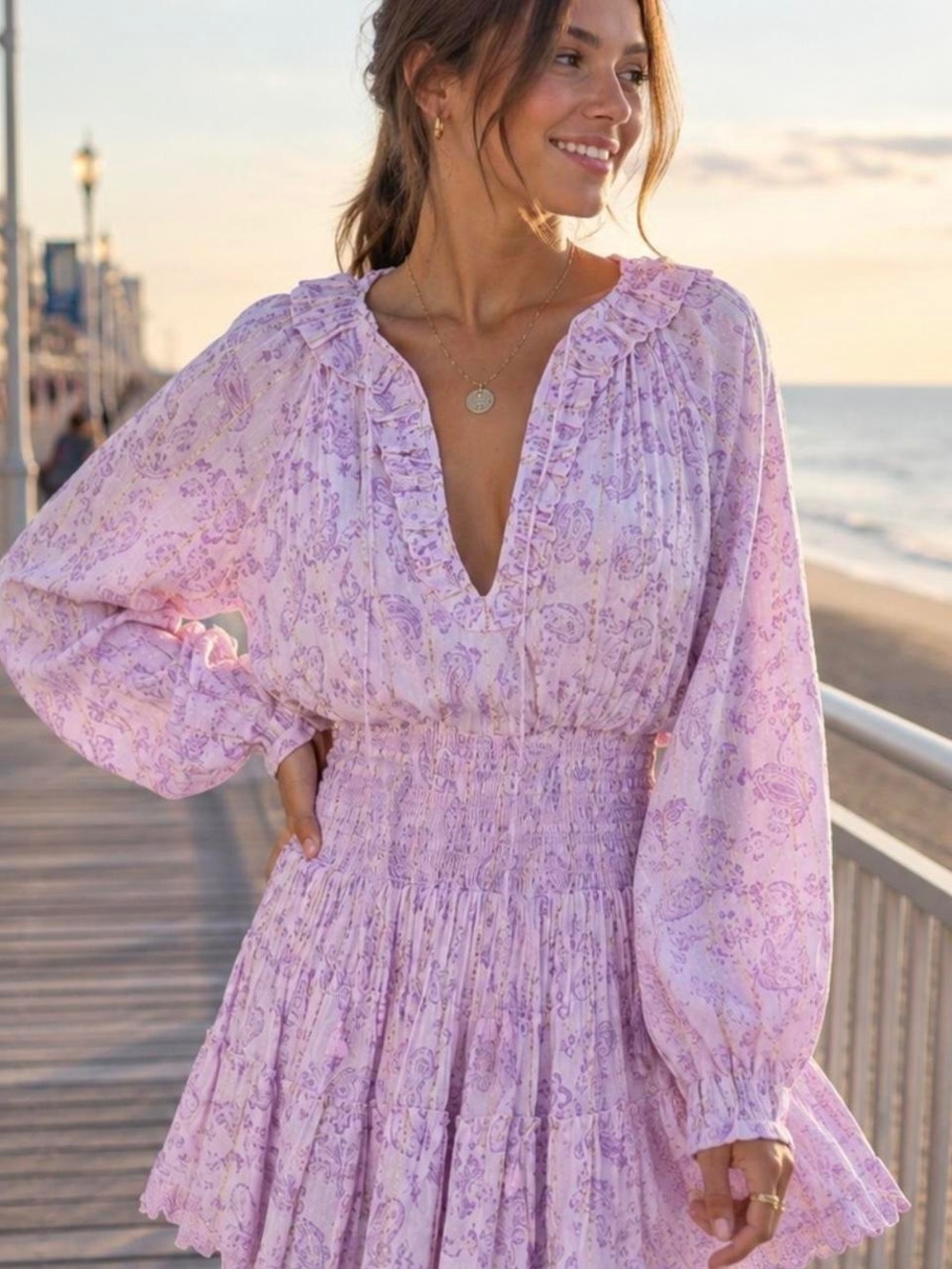 House of Harlow 1960 Lavender Paisley Ruffled Smocked Mini Dress